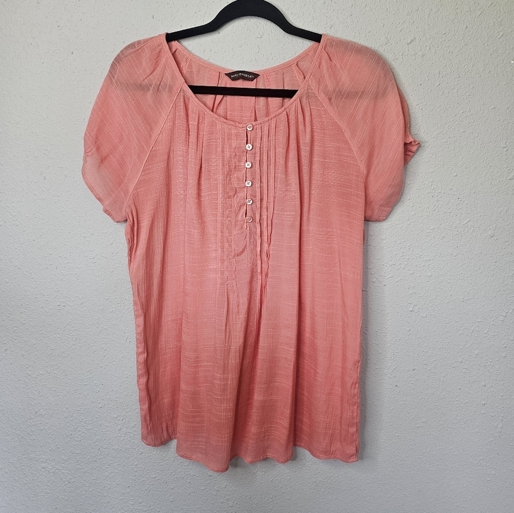 Bit & Bridle Womens‎ S Semi Sheer Peachy Pink Blouse Buttons Short Sleeve Tunic